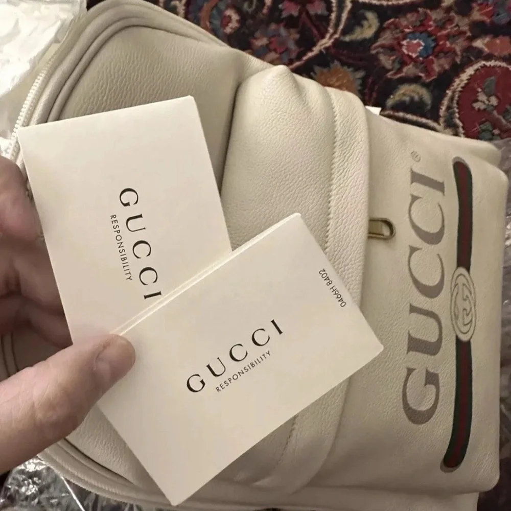 Gucci Web Logo Cripto Print Leather Ecru Color Authentic Women (Unisex) Backpack - Picture 7 of 15